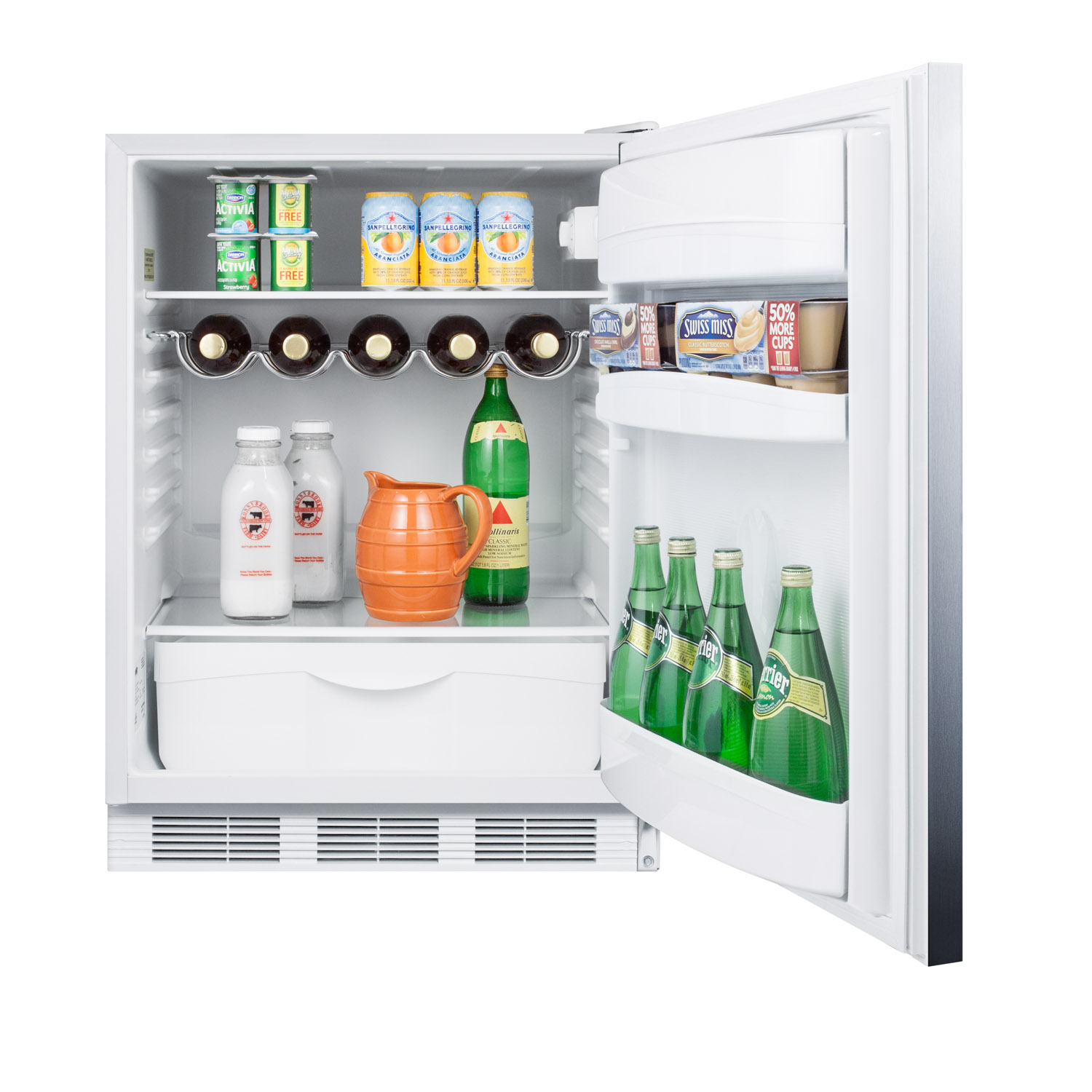 Built-in undercounter all-refrigerator for residential use, auto defrost with a stainless steel wrapped door, horizontal handle, and white cabinet